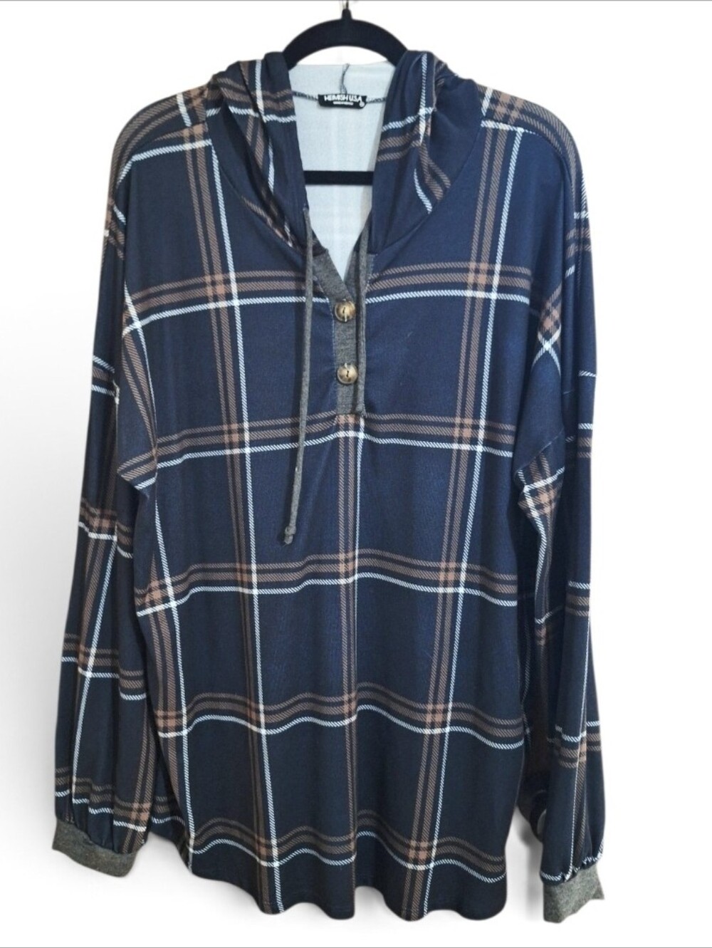 Women's Black, Brown, & Cream Plaid Hooded Plus Size Top~3XL